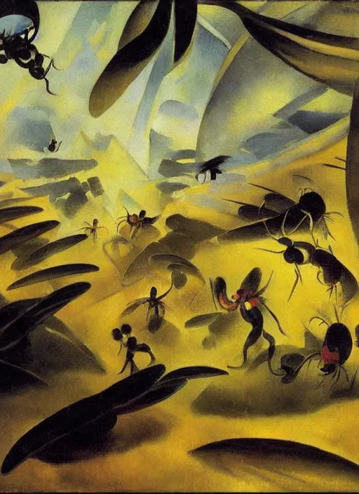 Prompt: photo of a crazy wasp, warped reality, bizarre, fantasy landscape, art by andreas achenbach, august macke, alice bailly, alison geissler