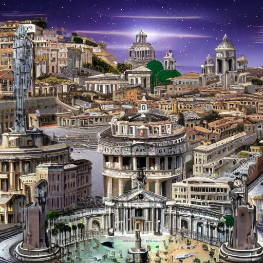 Prompt: Cityscape of Rome in the year 2459. Highly futuristic. The pope is a robot