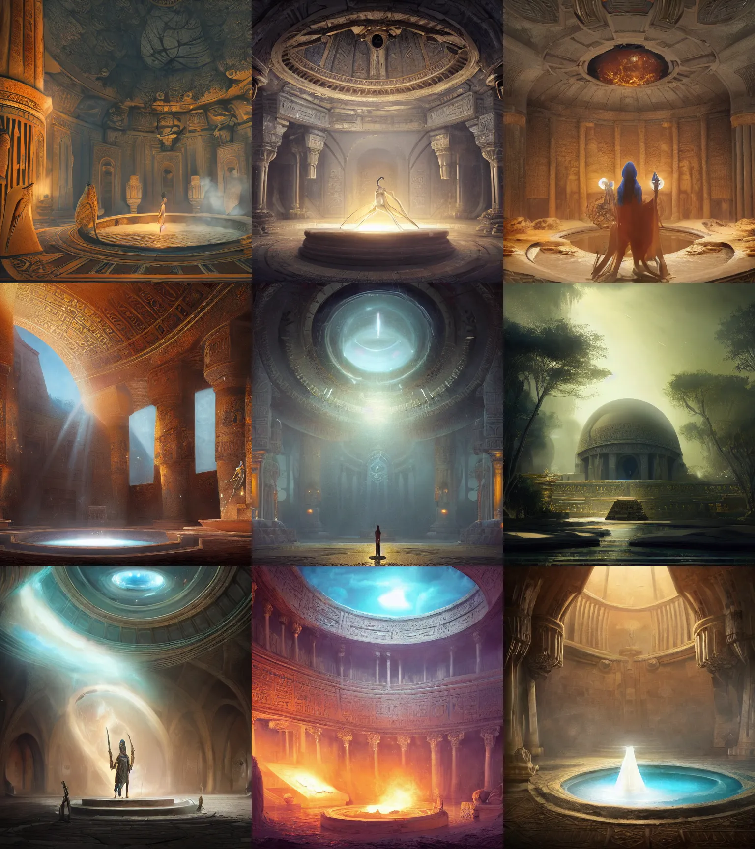 Prompt: fantasy movie scene greg rutkowski detailed digital painting of an ornate and royal egyptian antechamber tomb, a circular pool with an erupting galaxy inside, volumetric lighting, unreal engine, hyper realism, realistic shading, cinematic composition, blender render, octane render, hdr, detailed textures, photorealistic, ultrawide shot, 3 5 mm film