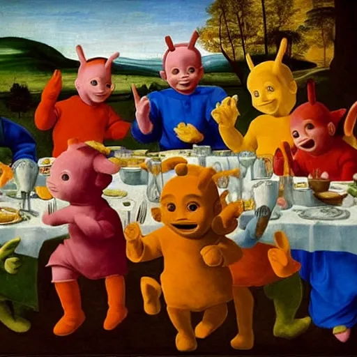 Prompt: renaissance painting of the teletubbies at final supper, long table, drinking, eating