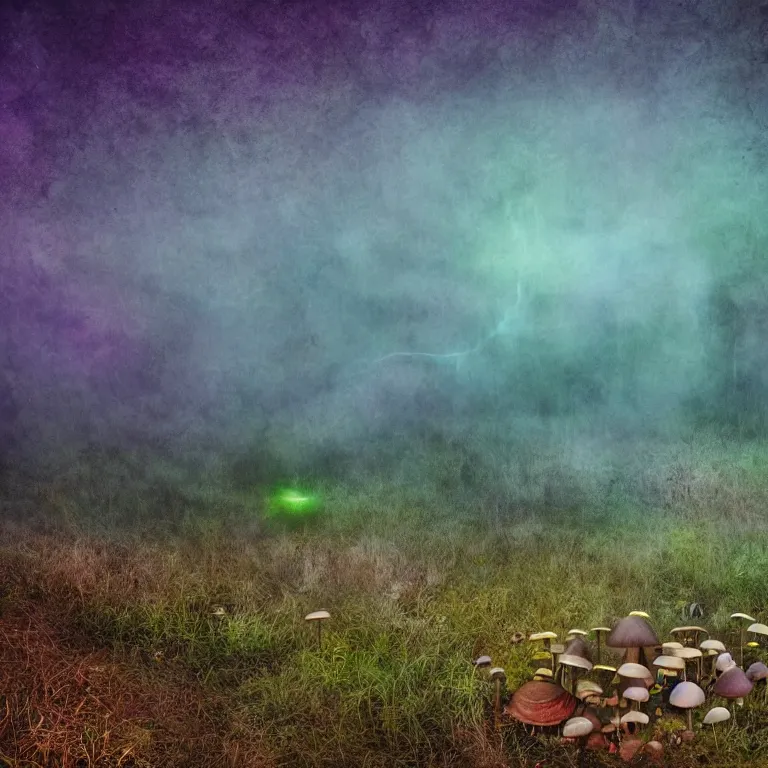 Image similar to a planet of various fungus, mushrooms and plants, inside the picture is infinity, Atmospheric phenomenon, artistic photography, muted colors, conceptual, long exposure outside the city, volumetric light