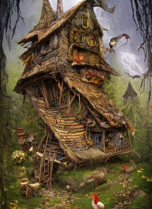 Prompt: highly detailed matte painting of the baba yaga witch's shack on top of on tall chicken legs with feet so it can walk around, in the mountain woodlands, witch with her broomstick, 8 k resolution, by android jones