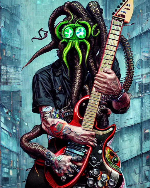 Image similar to a portrait of an anthropomorphic cyberpunk cthulhu shredding an electric guitar by sandra chevrier, by jon foster, detailed render, tape deck, epic composition, cybernetics, 4 k realistic, cryengine, realistic shaded lighting, sharp focus, masterpiece, by enki bilal