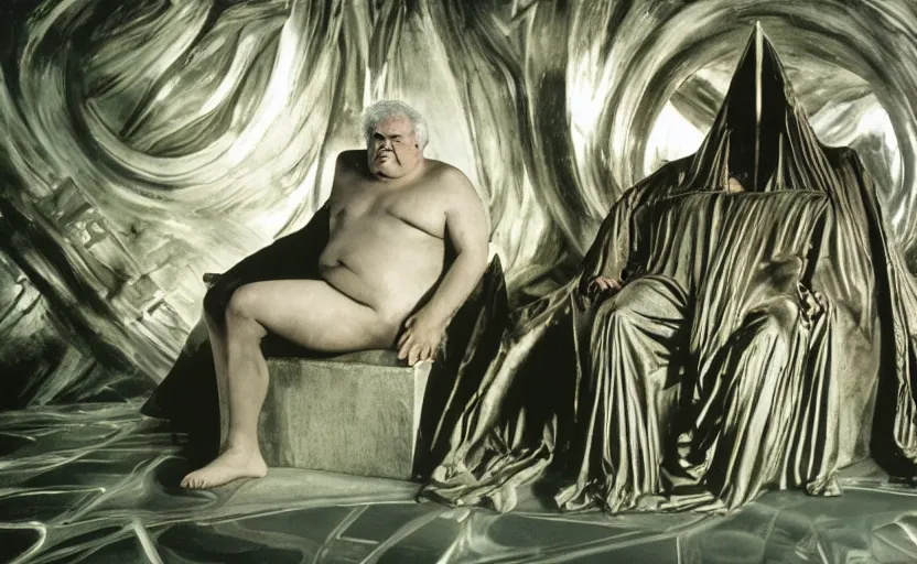 Image similar to chunky orson welles sitting on a dark throne, in an alien room by hans giger, film still from the movie by alejandro jodorowsky with cinematogrophy of christopher doyle and art direction by hans giger, anamorphic lens, kodakchrome, very detailed photo, 8 k