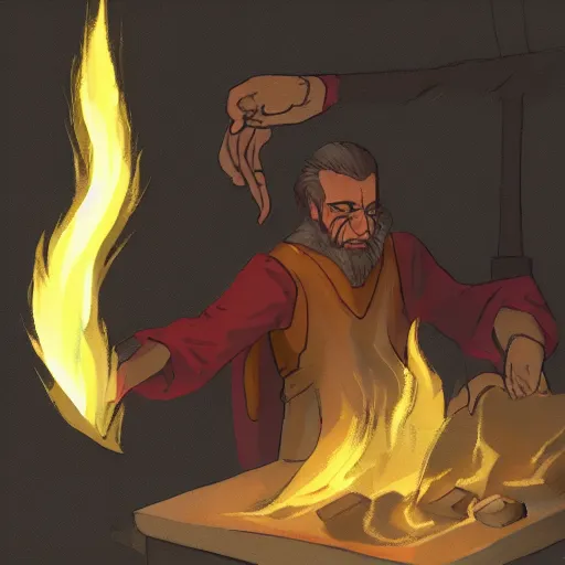 Prompt: concept art of a sorcerer casting a fire spell, dramatic