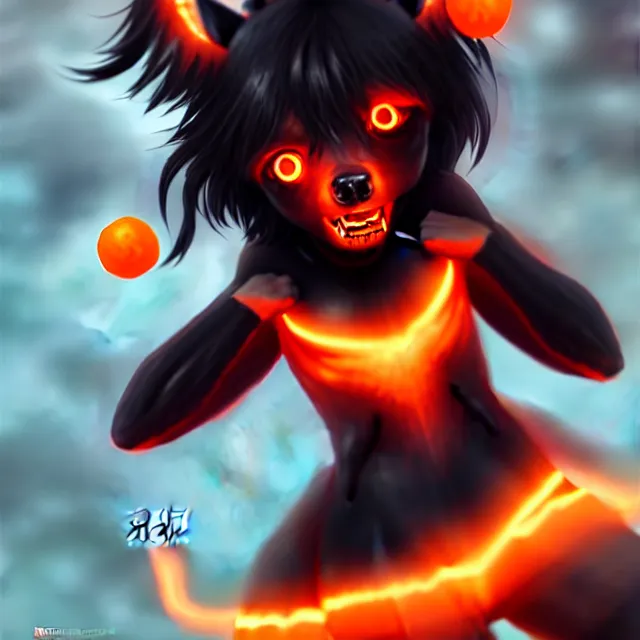 Image similar to an athletic hellhound anime girl with charcoal skin, shaggy black hair and glowing orange eyes, digital art, Behance, pixiv, astonishing, impressive, outstanding, epic, cinematic, stunning, gorgeous, breathtaking fantasy art, masterpiece.