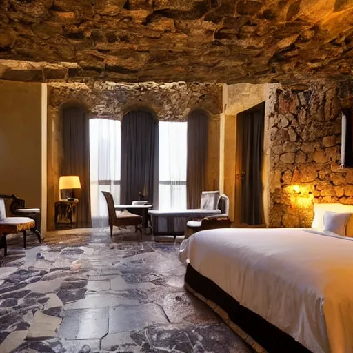 Prompt: bedroom at extremely expensive hotel in ancient roman times. high - fashion boutique hotel. stone walls. statues. carving. detailed beautiful photography.