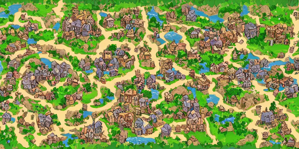 Image similar to a high detailed village vector art presenting an aerial view of a cartoonish rpg village by dungeondraft, dofus, patreon content, containing tables and walls, hd, straight lines, vector, grid, dnd map, map patreon, fantasy maps, foundry vtt, fantasy grounds, aerial view, dungeondraft, tabletop, inkarnate, dugeondraft, roll 2 0