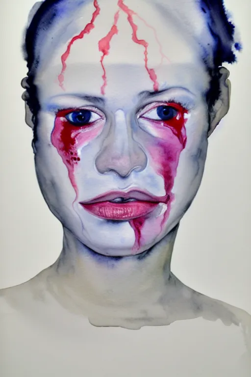 Image similar to watercolor in wet paper, a liquid white clay porcelain portrait of a face melt down flow go runny by marlene dumas, body painted with white thick fluid, detailed watercolor, grainy, contrast