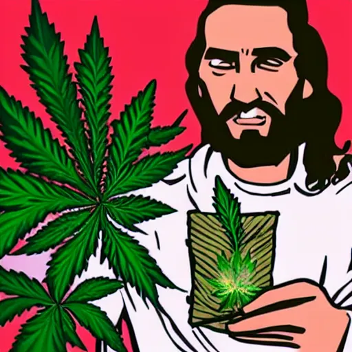 Image similar to jesus holding a bag of weed, happy, red eyes