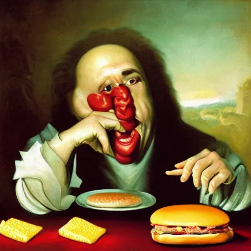 Image similar to surreal grotesque kitsch low-brow portrait of Nicolas Cage emerging from deep shadows eating hamburgers, extra onions and ketchup, luscious patty with sesame seeds, figure in the darkness, serving big macs, french fry pattern ambience, Francisco Goya, painted by John Singer Sargant, Adrian Ghenie, style of Francis Bacon, highly detailed, 8k, trending on artstation