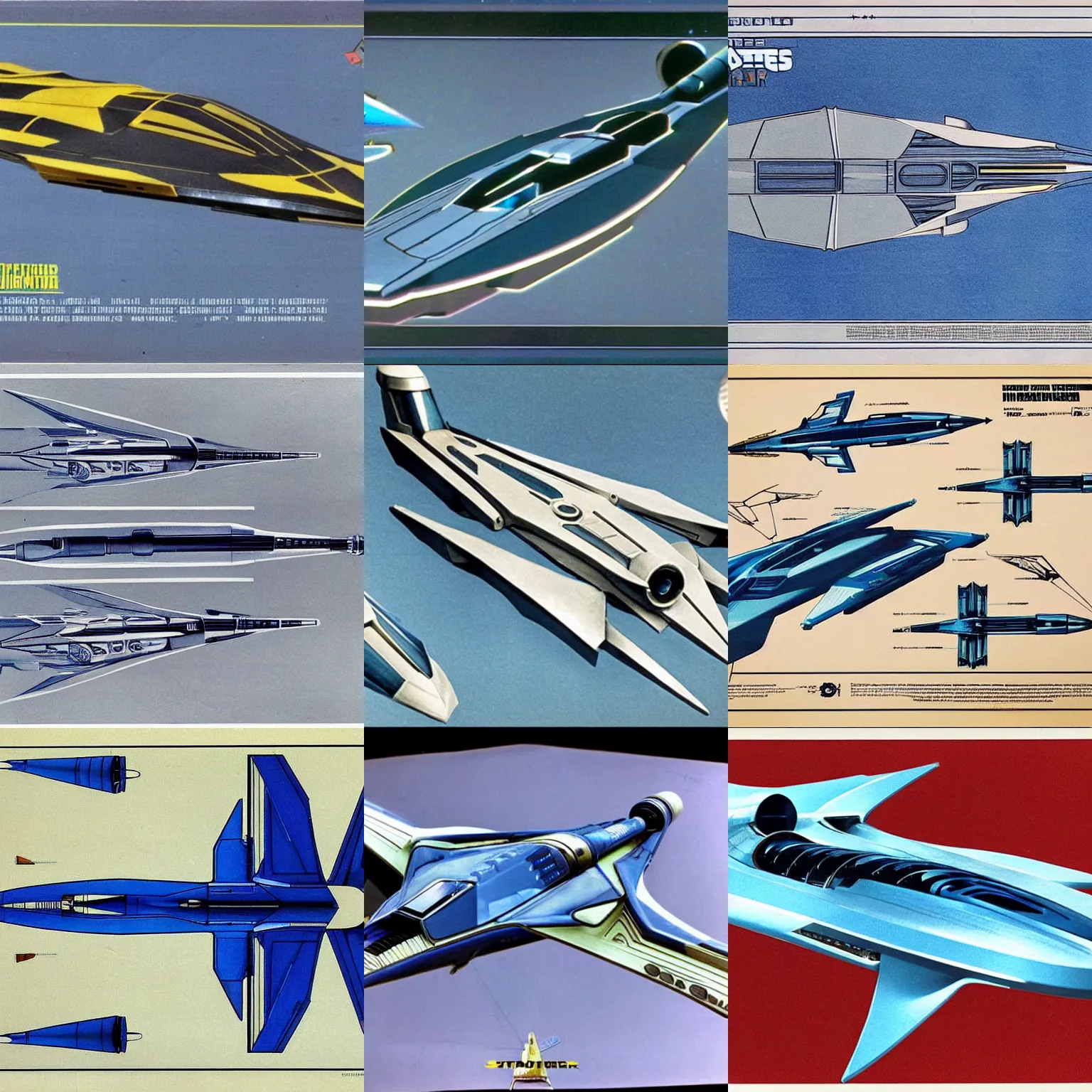 Prompt: blueprints of starfighter from Buck Rogers in the 25th Century 1979 TV show