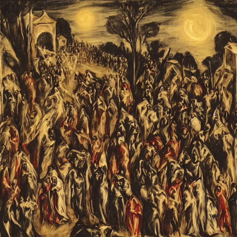 Image similar to A Holy Week procession of souls in a lush Spanish village at night. A figure at the front holds a cross. El Greco.