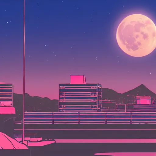 Image similar to synthwave japanese town with moon background, sharp focus, 8 k, high details