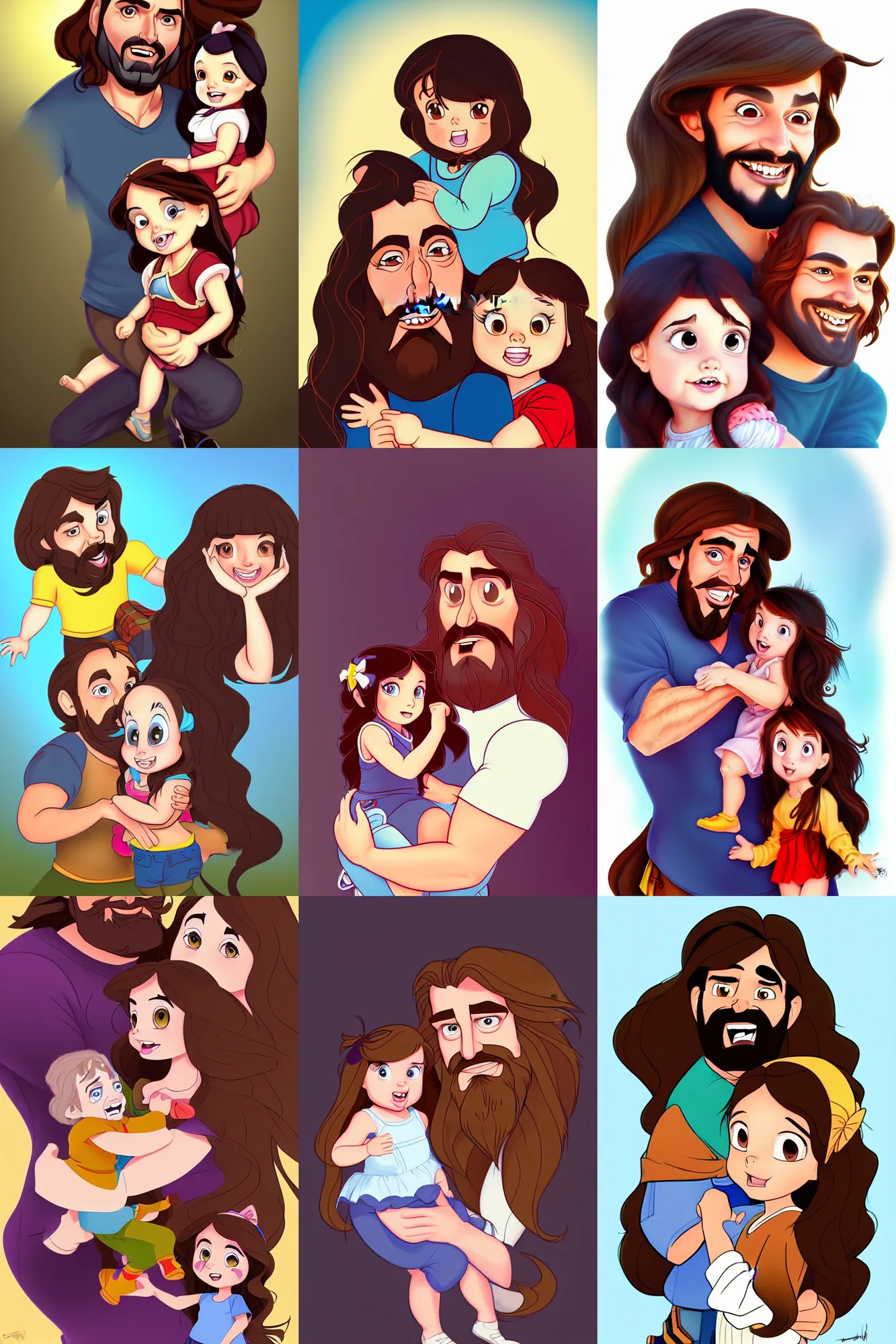 Prompt: a long - haired bearded father and his cartoonish brunette child toddler girl full color digital illustration in the style of don bluth, artgerm, artstation trending, 4 k