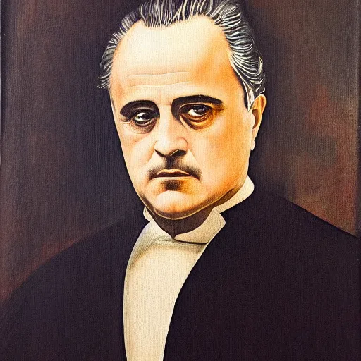 Image similar to a renaissance style portrait painting of Vito Corleone