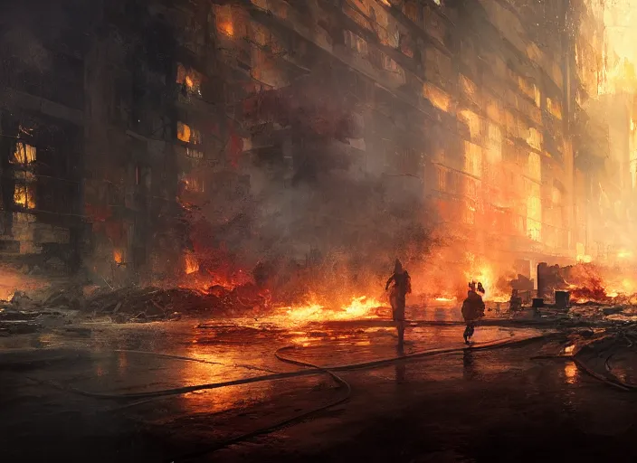 Image similar to wars run away destroyed fire volumetric lighting, digital painting, highly detailed, artstation, sharp focus, illustration, concept art, ruan jia, steve mccurry, amazing composition