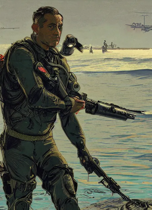 Image similar to Hector. USN blackops operator emerging from water at the shoreline. Agent wearing Futuristic wetsuit and looking at an abandoned shipyard. rb6s, MGS, and splinter cell Concept art by James Gurney, Alphonso Mucha. Vivid color scheme.