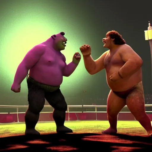 Prompt: shrek vs andre the giant at wrestlemania 8, dramatic lighting, intense battle 8k