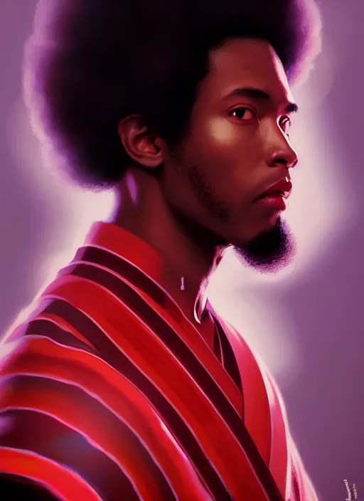 Image similar to photographic portrait of an handsome young black man with an afro and red eyes in a kimono, atmospheric lighting, elegant, highly detailed, digital painting, artstation, concept art, sharp focus, star wars, illustration, art by artgerm and greg rutkowski