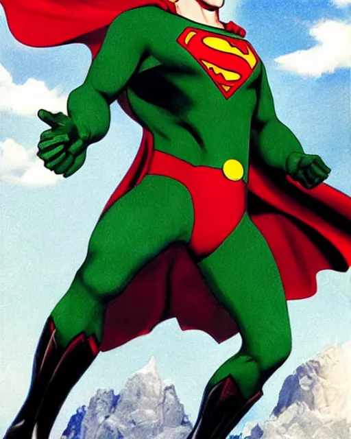 Image similar to Christoper Reeve’s Superman as Hal Jordan photographed in the style of Annie Leibovitz
