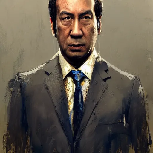 Image similar to A realistic hyperdetailed wide-shot digital oil portrait painting of an asian Saul Goodman in the style of Guy Denning, Ruan Jia, and Craig Mullins. Trending on ArtStation, DeviantArt, and Instagram. CGSociety Digital art. Asian Saul Goodman.