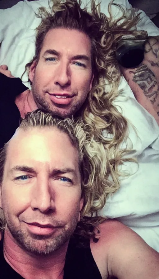 Image similar to chad kroeger snapchat selfie laying in bed with a black tanktop