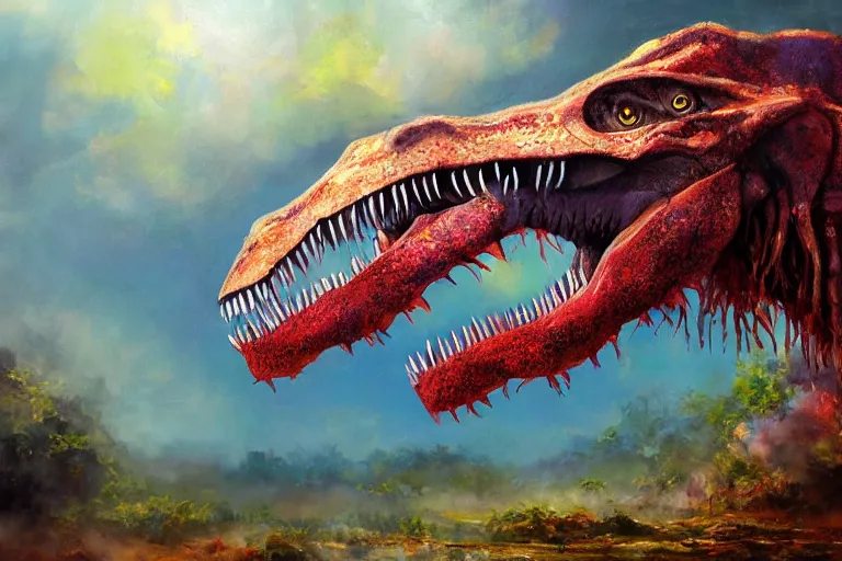 Image similar to highly detailed oil painting of a tyrannosaurus rex in a steaming colorful hotspring, featured on artstation