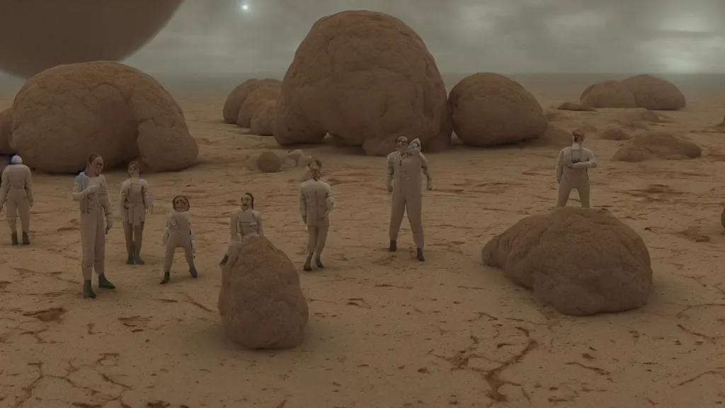 Prompt: sitcom scene from duna ( 2 0 2 1 ) by denis villeneuve and alejandro jodorowsky style detailed faces many details by andrei tarkovsky in sci - fi style volumetric natural light