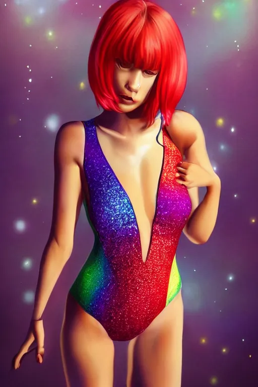 Prompt: beautiful elegant full body portrait of a rainbow hair woman wearing a sparkling cherry color one piece swimsuit, pixie haircut wlop, artgerm, artstation, backlit, marble background