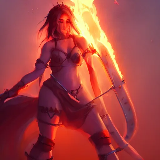 Image similar to Fire giantess, **giving lap pillow**, fire in hand, warrior queen, concept art, artstation, 4k