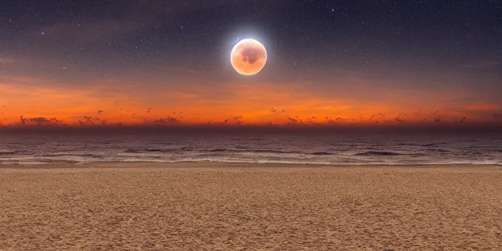 Prompt: a high detail photograph of a sunset at a beach, cyberpunk city in the distance, night time, two moons in the sky, realism, 8 k, award winning photograph