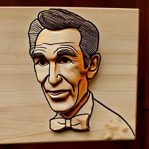 Prompt: wood carving of Bill Nye the Science Guy