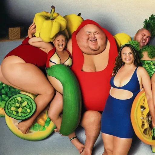 Image similar to a photo of fat men in swimsuits wrestling giant fruit and vegetables squashed and juicy all over the floor.