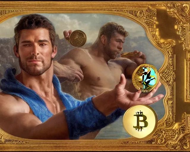 Image similar to attractive muscular man magically holding a golden bitcoin, commercial by annie liebovitz, gaston bussiere, craig mullins, j. c. leyendecker