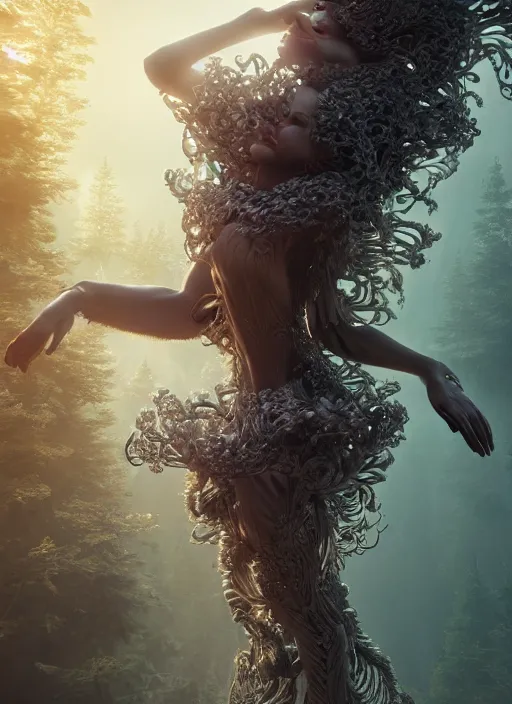 Image similar to beauteous practical sumptuous biomechanical with incredible hair, crystalline masterpiece incrustations, hyperdetailed face, elegant pose, movie still, intricate, octane render, cinematic forest lighting, cgsociety, unreal engine, crepuscular rays, god rays