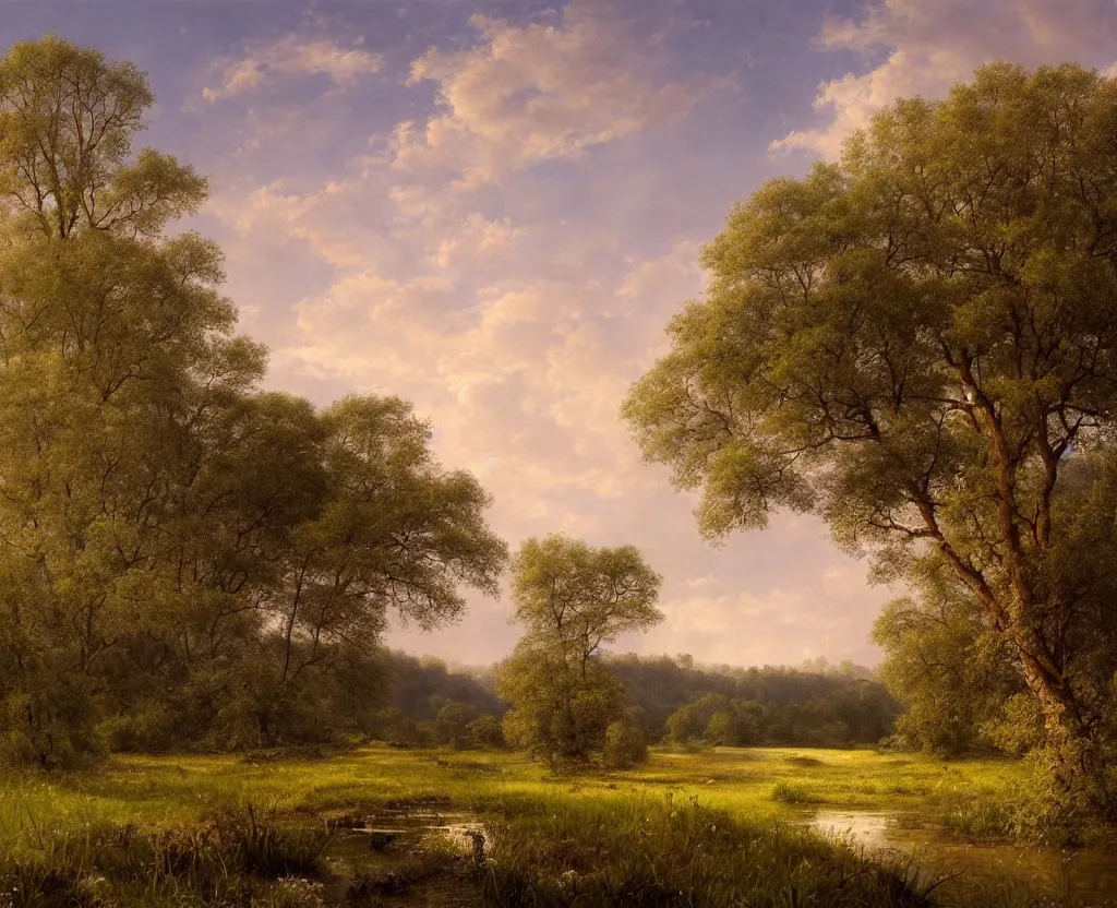 Prompt: epic landscape with rolling hills and a river, groups of old trees with flower meadowss on the river banks in a beautiful early morning mood with small pink clouds in the sky by clive madgwick and alexandre calame, godrays, golden ratio, velvia 5 0, large format camera, artstation, vray render