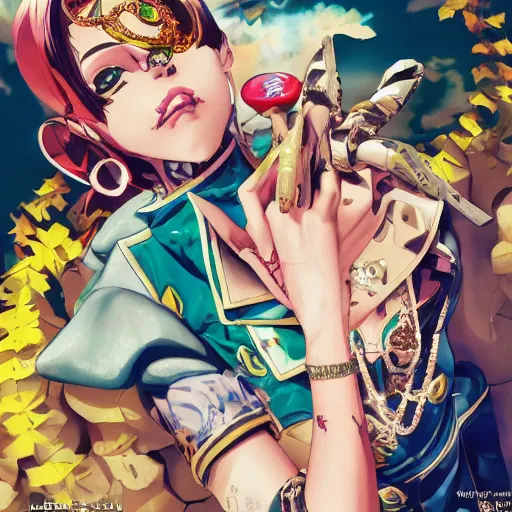 Image similar to Magazine Cover Anime key visual of a Gucci girl; official media; typography; drawn by Hirohiko Araki; Jojo's Bizarre Adventure; Jojolion, portrait, made by Stanley Artgerm Lau, WLOP, Rossdraws, James Jean, Andrei Riabovitchev, Marc Simonetti, Yoshitaka Amano, ArtStation