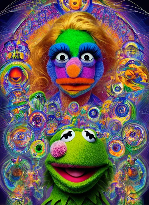 Prompt: muppet transcendence into collaborative intelligence, group intelligence, ai, by alex grey, album cover, award winning, beautiful, colorful, volumetric lighting, trending on artstation