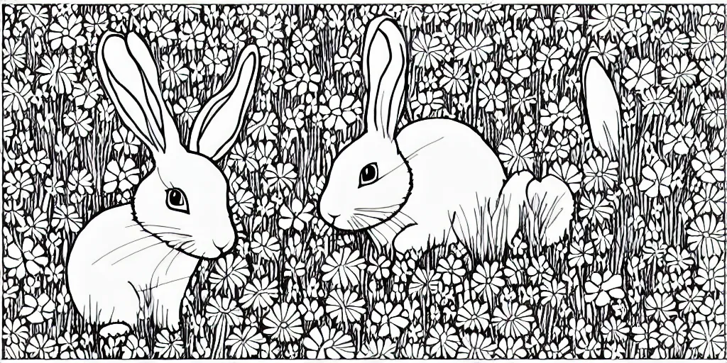 Prompt: Black and white coloring book page of a bunny rabbit and wildflowers