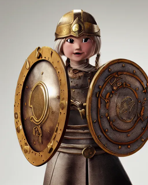 Prompt: a toy of a viking girl with her shield raised to defend, pixar style, authentic viking armor, historically accurate, clean detail, symmetrical, octane render, studio lighting