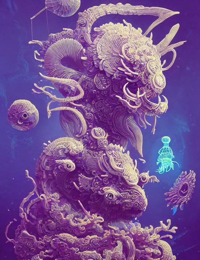 Image similar to 3 d liminal space abandoned space temple frontal portrait with ram skull. beautiful intricately detailed japanese crow kitsune mask and clasical japanese kimono. betta fish, jellyfish phoenix, bio luminescent, plasma, ice, water, wind, creature, artwork by tooth wu and wlop and beeple and greg rutkowski