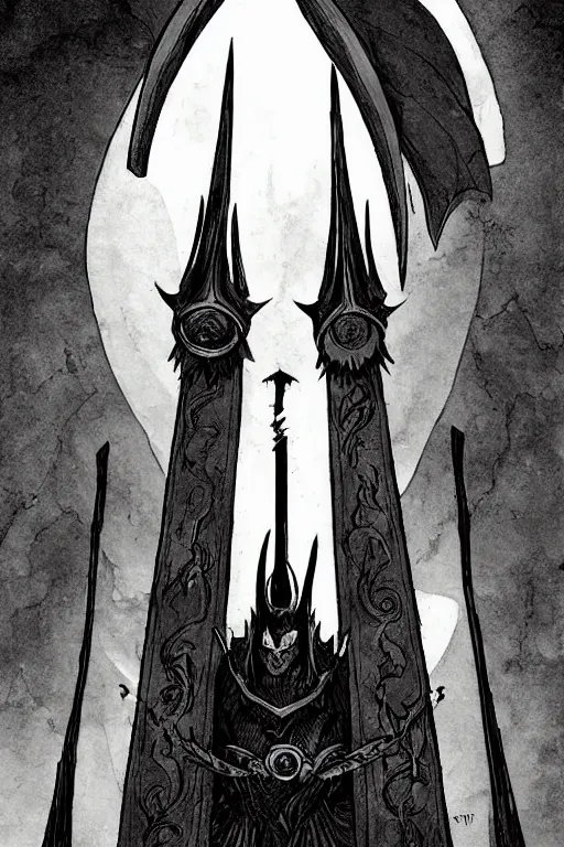 Prompt: tarot illustration of sauron as the tower by artstation