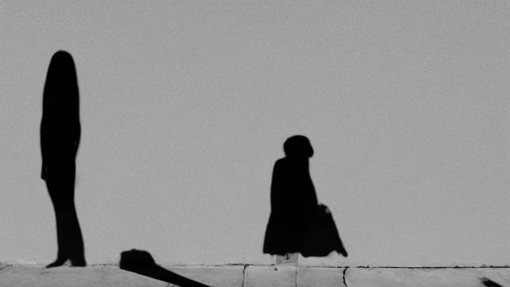 Prompt: A woman looking at her shadow on the wall, camera at the side, minimalist, in the style of Ridley Scott and Stanley Kubrick, full shot, long shot, white walls