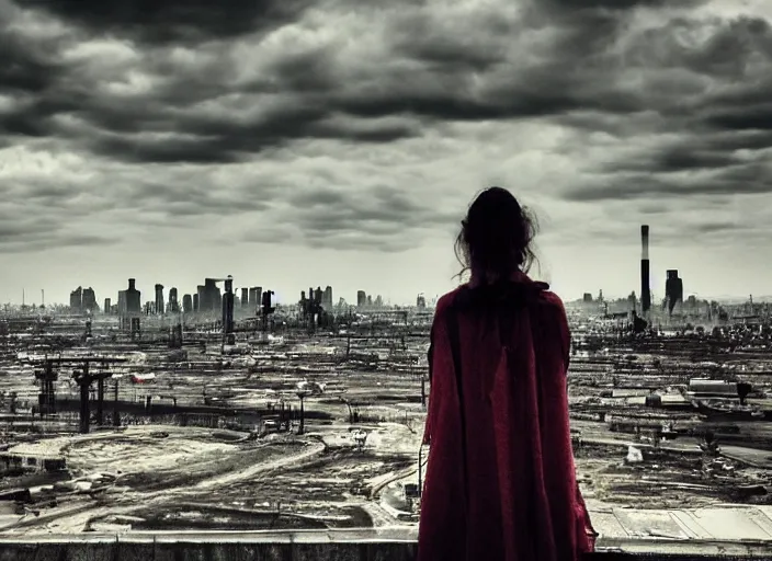 Prompt: mysterious sad rotten girl wrapped in smoke observing a big industrial city metropoli in the distance, cloudy sky, requiem for a dream