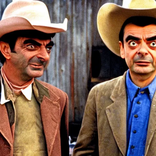 Prompt: an film still of Mr bean, cowboy movie