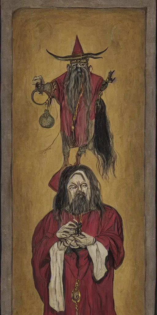 Prompt: portrait of a wizard with a disfigured face, wearing occult robes and ornate jewelry, no frame