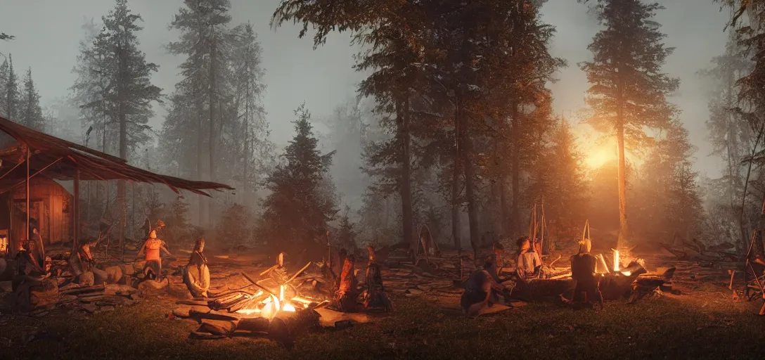 Image similar to longhouse, campfire, teepee, very detailed, octane render, realistic, 8 k, unreal engine 5, dramatic, volumetric, dead trees, dusk, greg rutkowski