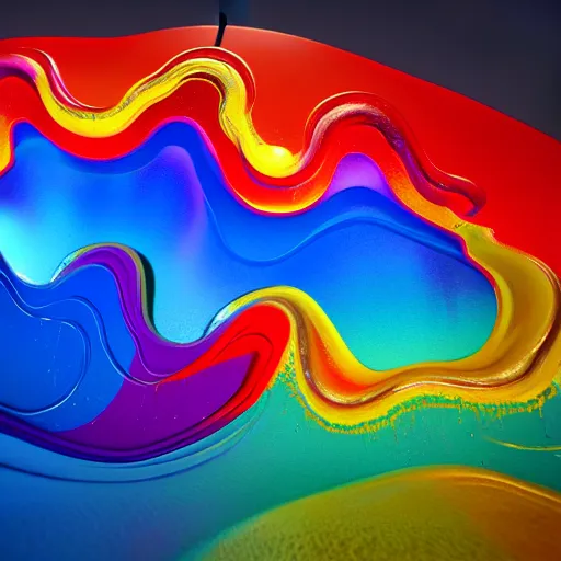 Prompt: : colorful abstract fluid sculpture art on the wall in modern architecture studio, cinematic lighting, hyper - realistic, detailed, render by c 4 d octane, unreal engine, 8 k 3 d render