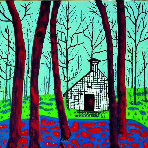 Image similar to a painting of a eerie cabin in the middle of the woods in the style of yayoi kusama